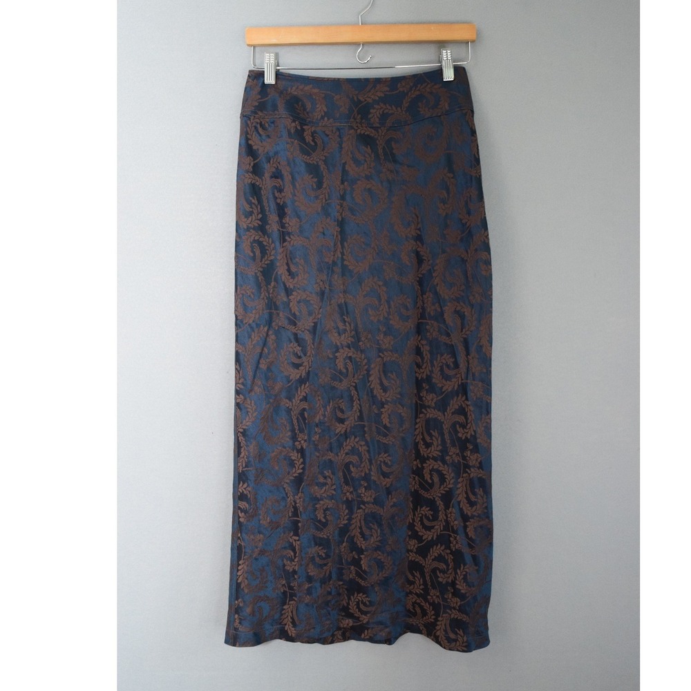 J. Jill Maxi Skirt 6 Navy Blue Silk Linen Damask Floral Jacquard Womens